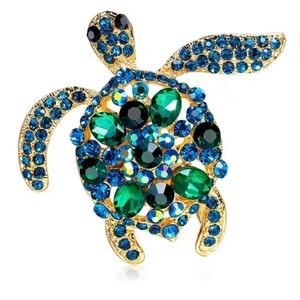 Gold and Blue Turtle Brooch, Rhinestone Sea Turtle